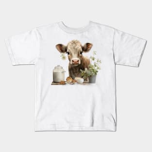 Cartoon Calf Cooking In The Kitchen Kids T-Shirt